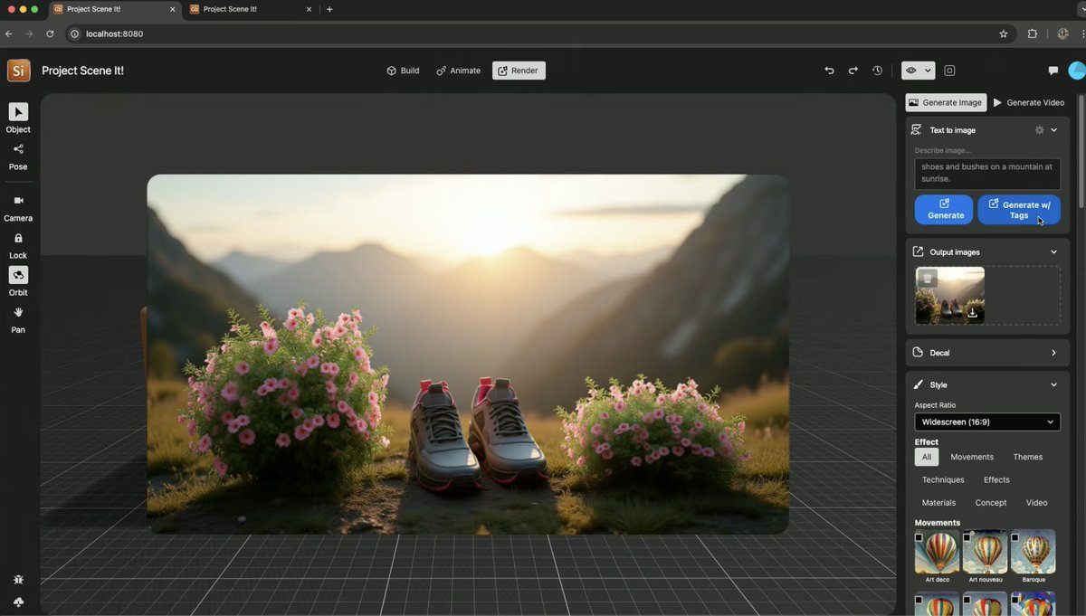 clockmaker's tweet image. Project Scene It!
3Dエディター上でプロンプトへの指示を書ける技術。
スニーカーの隣に直方体を配置し、写真の花を指示すれば、立派な3Dの静止画ができあがる。
#ProjectSceneIt #AdobeMAX