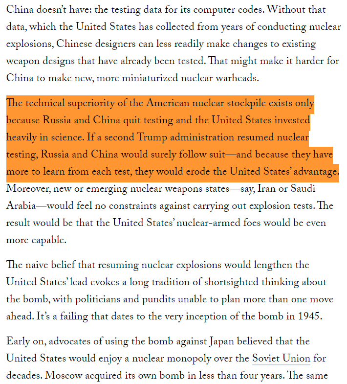 This is an ENORMOUS mistake.

If America resumes testing, China will start testing, and with the aid of modern equipment, their nukes will quickly come to match American ones instead of being inferior like they currently are.

This is such a bad idea.