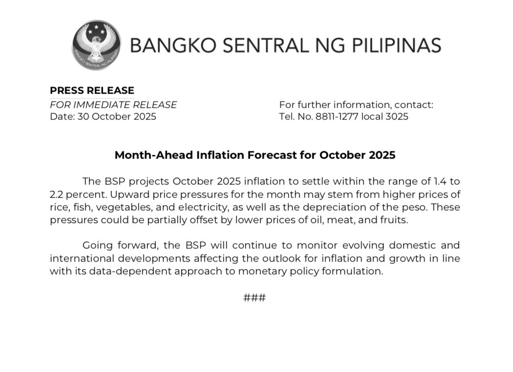 pnbarcelonPH's tweet image. JUST IN: @BangkoSentral ng Pilipinas releases its month ahead inflation forecast for October, ranging from 1.4-2.2%. @bncdotph @dwar1494