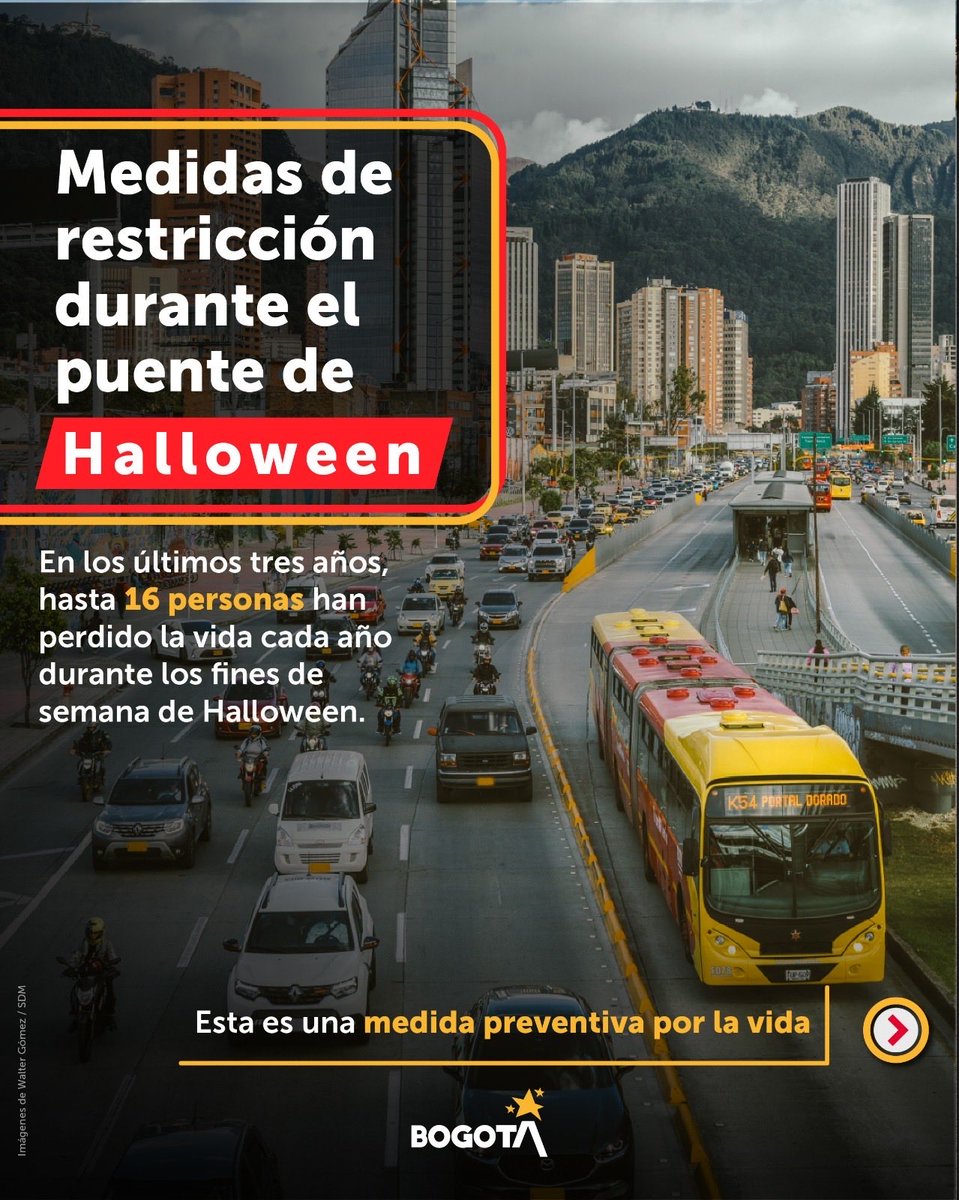 SectorMovilidad's tweet photo. 🚨¡𝐈𝐧𝐟𝐨𝐫𝐦𝐚𝐜𝐢𝐨́𝐧 𝐢𝐦𝐩𝐨𝐫𝐭𝐚𝐧𝐭𝐞! 

Con el propósito de proteger la vida, garantizar la seguridad vial y mantener el orden público, implementaremos acciones transitorias durante el puente festivo de Halloween, en las que históricamente se presentan aumentos en los siniestros viales y en las denominadas “rodadas de Halloween” o “rodadas del terror”.

#MovilidadSegura #Halloween #Bogotá