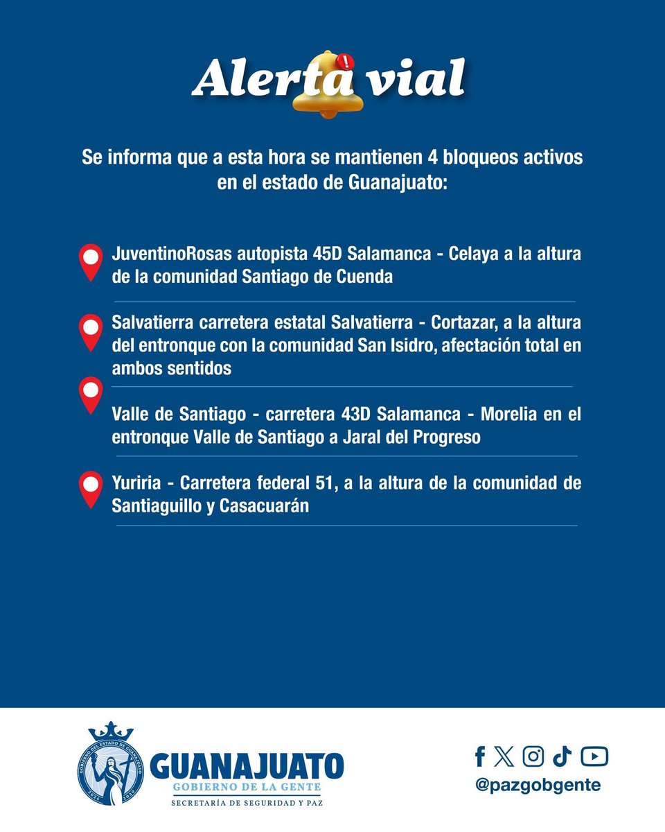 puntoyapartegto's tweet photo. #AlertaVial 🚧
⚠️ Última hora (corte a las 19:40 hrs): La Secretaría de Seguridad y Paz de Guanajuato informa que se mantienen 4 bloqueos activos en el estado:

📍 Juventino Rosas – Autopista 45D Salamanca - Celaya, a la altura de la comunidad Santiago de Cuenda.
📍 Salvatierra – Carretera estatal Salvatierra - Cortazar, entronque con la comunidad San Isidro. Afectación total en ambos sentidos.
📍 Valle de Santiago – Carretera 43D Salamanca - Morelia, entronque Valle de Santiago a Jaral del Progreso.
📍 Yuriria – Carretera federal 51, a la altura de las comunidades Santiaguillo y Casacuarán.

🚗 Además, se reporta tráfico lento en las vialidades liberadas, como en la carretera 45 de #Silao a #Irapuato.