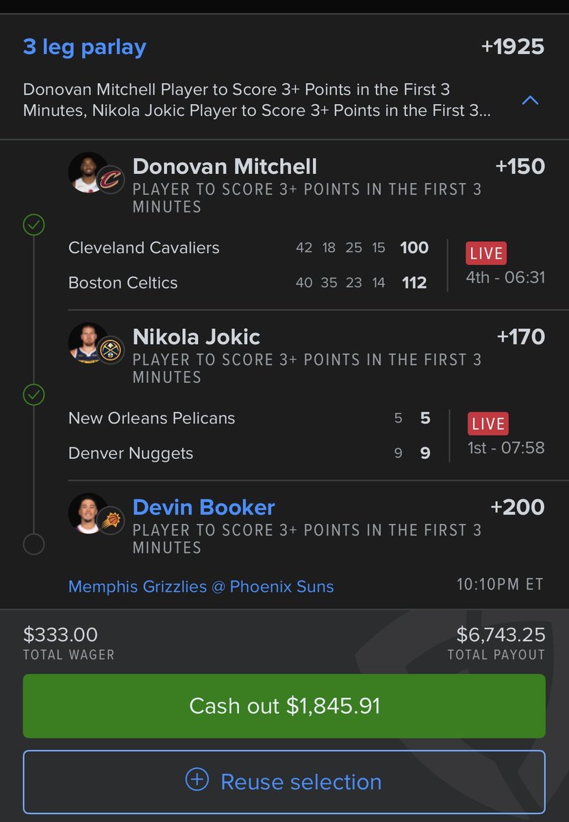 SmoothPineCon's tweet photo. Let it ride and see Booker get two good looks from 3 and brick them, or cash out and watch him start the game with a top of the key 3 https://t.co/qpCNlhXIeT