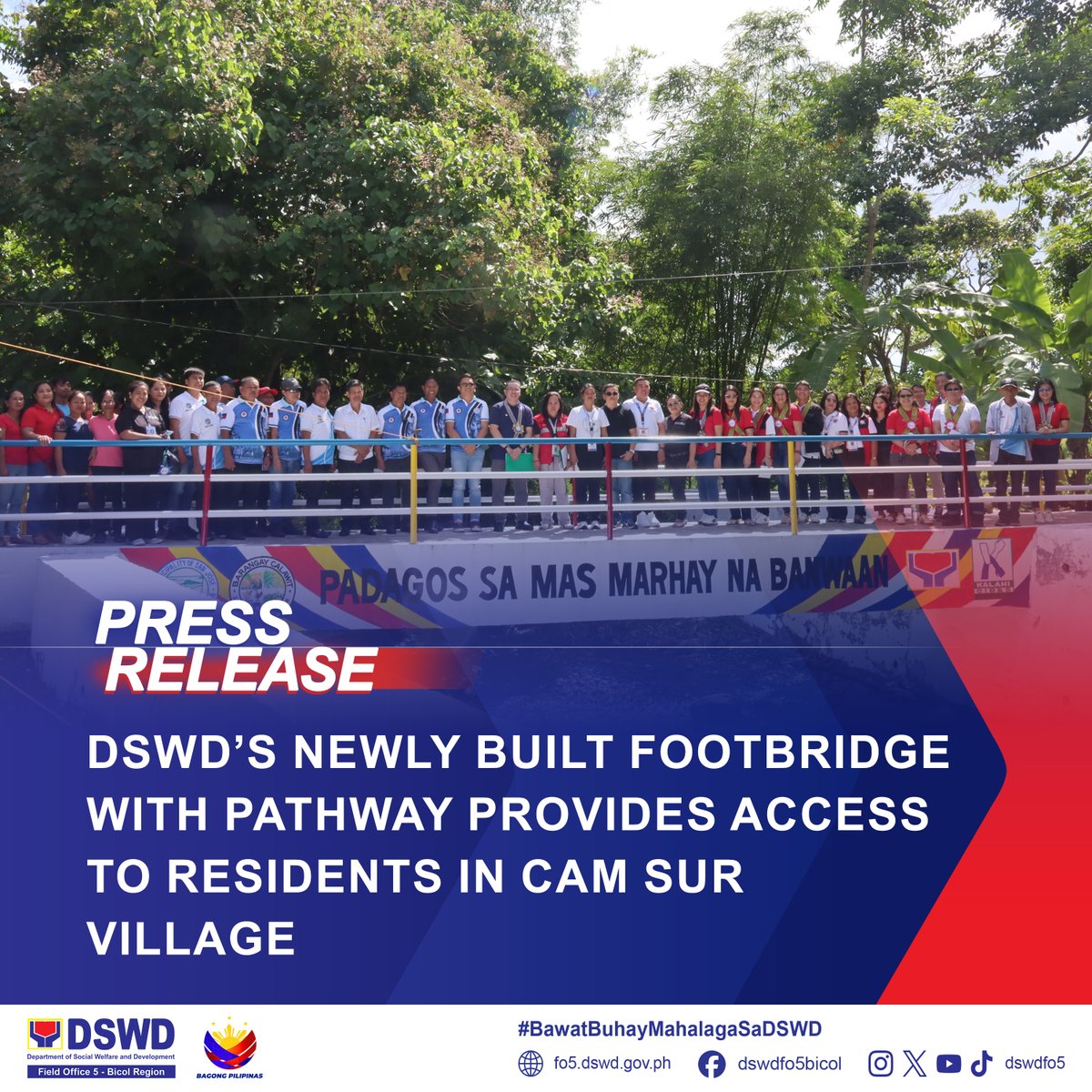 dswdfo5's tweet photo. 𝗗𝗦𝗪𝗗 𝗣𝗥𝗘𝗦𝗦 𝗥𝗘𝗟𝗘𝗔𝗦𝗘: DSWD’s newly built footbridge with pathway provides access to residents in Cam Sur village

READ THE FULL STORY AT: https://t.co/PYghewHN68

#BawatBuhayMahalagaSaDSWD
#MagKalahiTayoPilipinas https://t.co/3EaJOPXhq2