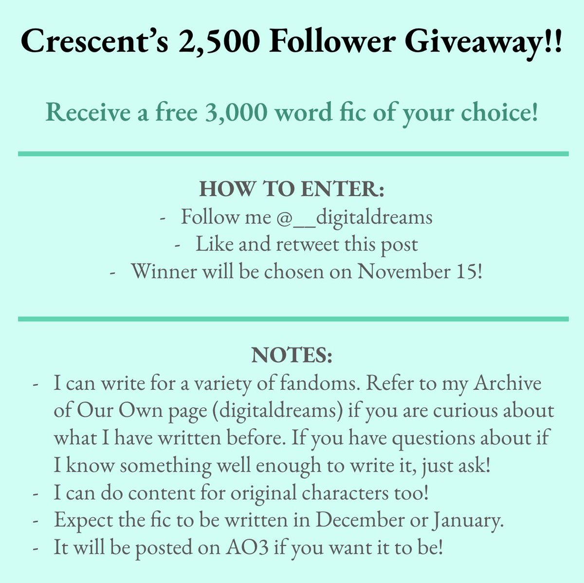 In honor of me reaching 2,500 followers here on Twitter, I'm doing a giveaway! This will run from now until November 15 when a winner will be chosen at random and announced! Good luck, everyone!