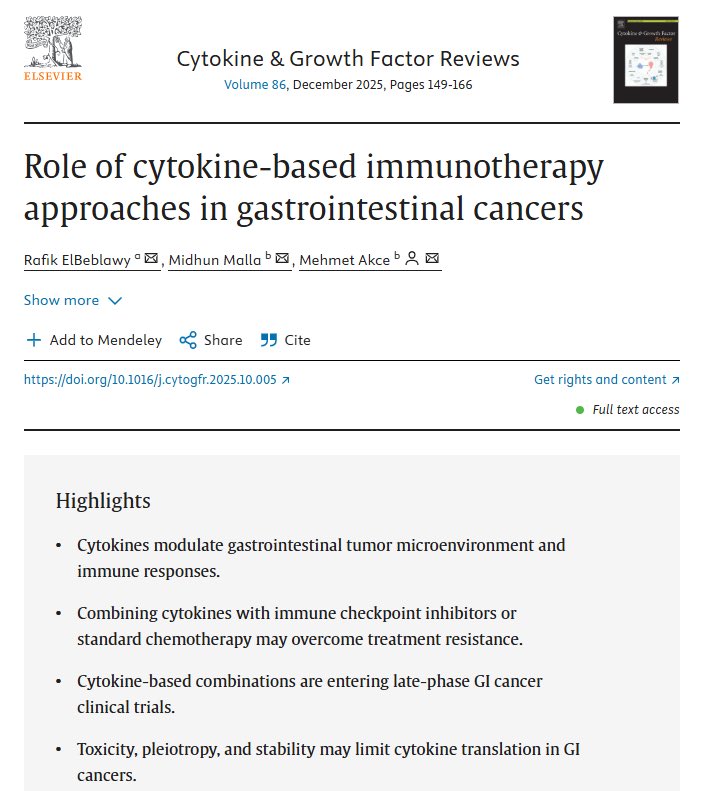 rafikelbebmd's tweet photo. 🔥New publication alert 🚨...Proud to share our review on role of cytokine-based immunotherapy in GI cancers in Cytokine &amp; Growth Factor Reviews. 

https://t.co/ye50ah4pCw

Grateful to Drs @MehmetAkce2 &amp; @MallaMidhun for mentorship. https://t.co/vVw9WUIvH4