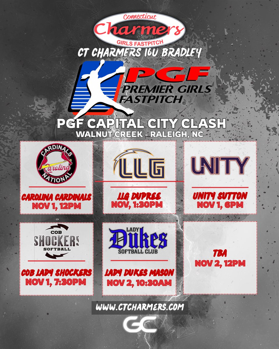🌟🌟SCHEDULE🌟🌟This weekend my girls and I will be in North Carolina and we are ready to play!!! Come show your support for Charmers softball!! 
<a href="/coachbradley81/">Jay Bradley</a> <a href="/CoachRuss3/">Russ Senerchia</a> <a href="/CharmerSoftball/">Connecticut Charmers</a> <a href="/ExtraInningSB/">EXTRA INNING SOFTBALL</a> <a href="/SBRRetweets/">Softball Recruiting Reposts</a>