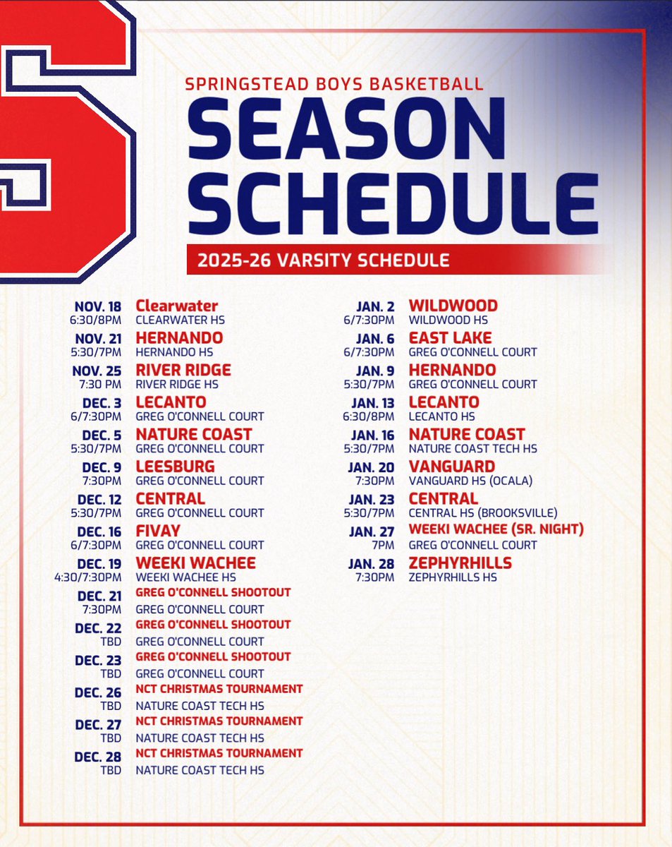 2025-25 <a href="/steadhoops/">Springstead Boys Basketball</a> schedule has dropped. Home game tickets can be found at Springsteadathletics.org - LETS GET IT!!! @springstead_ath @hernandoco_ath #steadlife