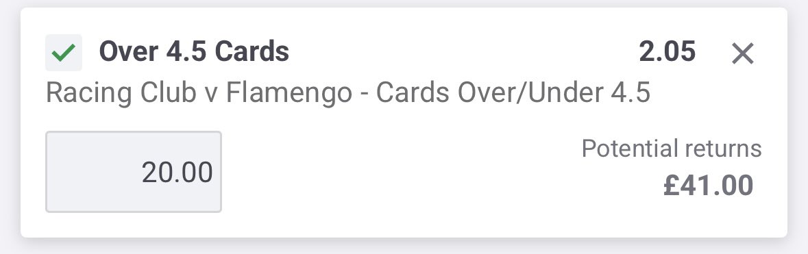 GeorgeLikesBets's tweet photo. Racing Club vs Flamengo

HT Bet.

Although there’s been 0 cards so far, this match ticks all the boxes for me when it comes to a high card match. Expecting the cards to be flying out after the first one gets awarded. Has potential to ladder too.

1u - o4.5 cards (2.05/PaddyPower) https://t.co/0TUEcBeImJ