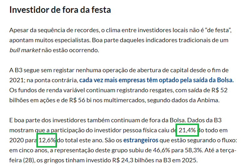 argon_invest's tweet photo. Ninguém tem bolsa...

DJ animando a pista, mas essa festa está vazia.

Pessoa física 5 anos atrás representava 21% do mercado, hoje representa 12% e segue caindo.

E de partir o coração o que fizeram com a B3, zero IPO, volume caindo dia após dia, mais da metade do volume hoje em dia é feito por HFT, OPAs saindo a preços de banana.