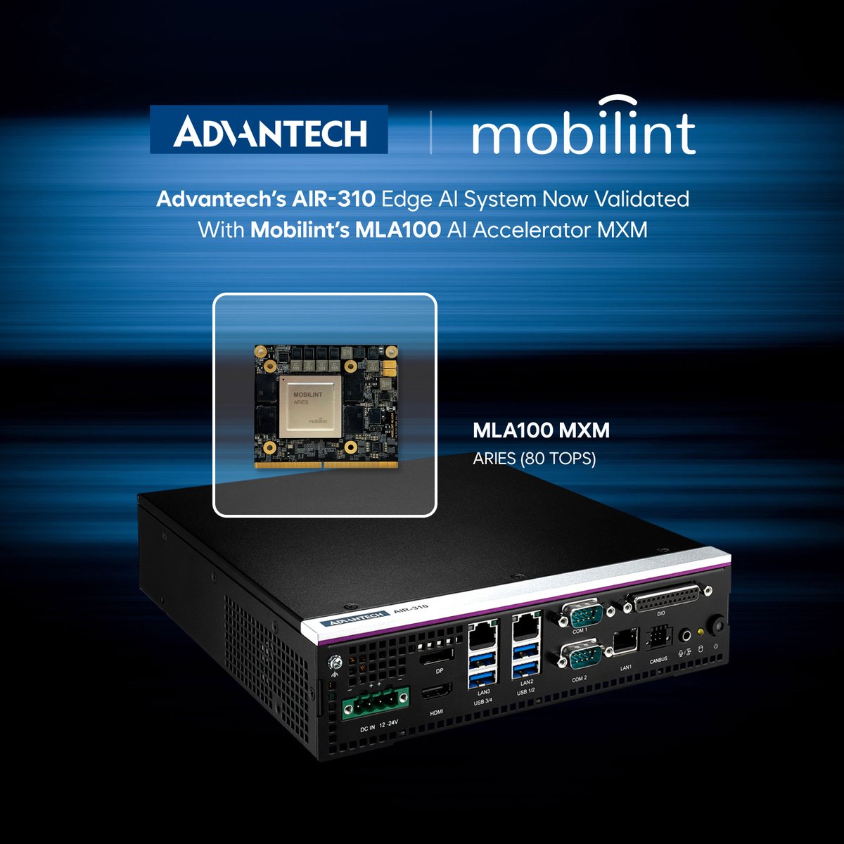 Mobilint_Inc's tweet photo. 🤝 Advantech × Mobilint: Powering Next-Gen Edge AI

Advantech’s AIR-310 Edge AI System is now validated with Mobilint’s MLA100 MXM AI accelerator module, bringing scalable, high-performance inference to compact edge devices. https://t.co/sZsxKwf8G8