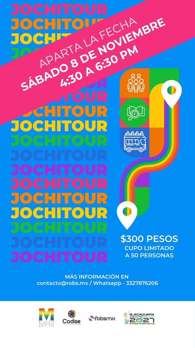 El tan esperado #Jochitour regresa este próximo sábado 8 de noviembre 🚌 🌈 para visitar lugares de interés histórico LGBT+ de Guadalajara.

Adquiere en el siguiente link tus boletos y no te lo pierdas 

jochitour-nov-2025.boletia.com