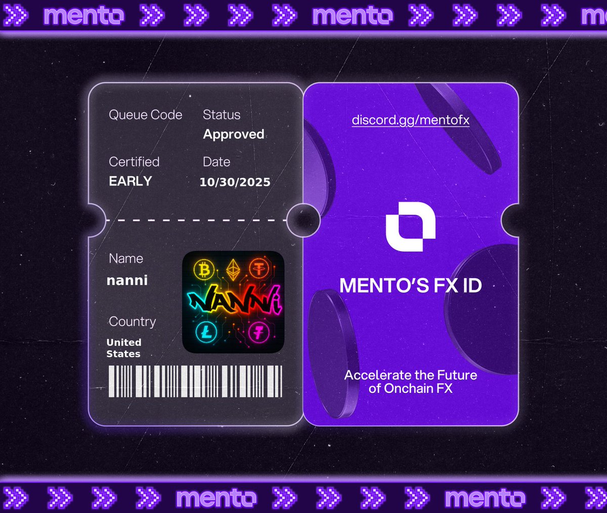 oxnanni's tweet photo. Licensed to trade the internet’s FX layer. 

Claimed my FX ID on https://t.co/3Z3kjODYK7 

 every currency, onchain with @MentoLabs https://t.co/4QRfjlYKmm