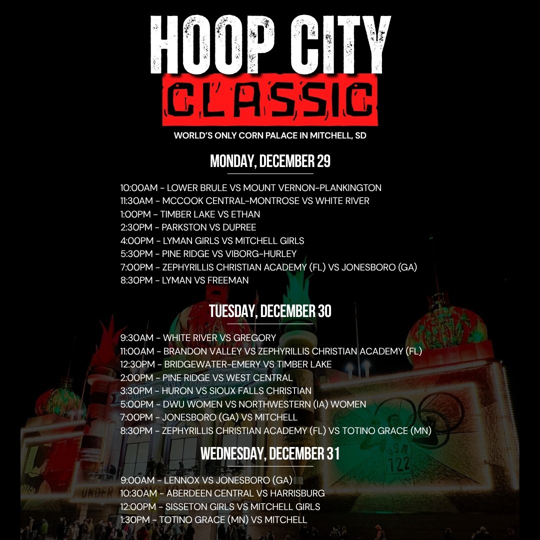 HoopCityBC's tweet photo. The tradition continues at the Hoop City Classic β where elite hoops meet the iconic Worldβs Only Corn Palace π½π₯
Get ready for three days of nonstop basketball action this winter in Mitchell, SD!
Full schedule in graphic.
#HoopCityClassic #CornPalace #SouthDakotaBasketball https://t.co/966AlcQfzn