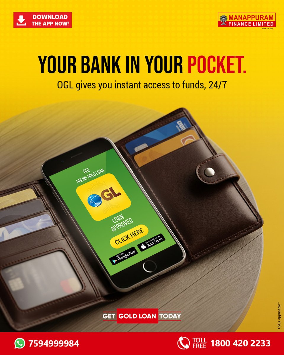 ManappuramMAFIL's tweet photo. Carry your money wherever you go. With Manappuram OGL, your gold-backed funds are always one tap away. Secure, flexible, and instant access right from your pocket.

Apply now: https://t.co/slbX3M3Nrm

#UnlockWithManappuram #GoldThatWorks #SmartUseOfGold #LowerInterestLoans https://t.co/zIazR8zdj0