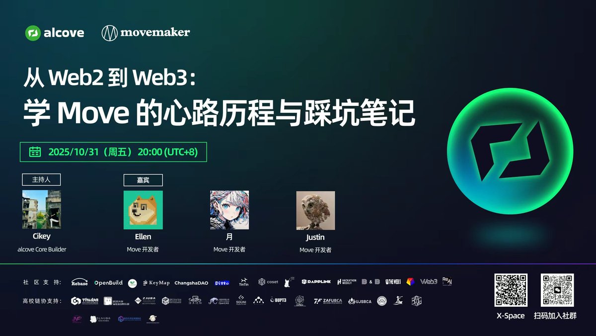 本期 alcove x Movemaker 分享会我们邀请到三位资深 Move 开发者 <a href="/WGB5445/">不霁何虹</a>  <a href="/yue_1678/">yue.apt</a> 和 <a href="/deepmove_/">deepmove</a> 开发者Justin来分享他们转型 Move 开发的心路历程。

💻主题：从 Web2 到 Web3｜学 Move 的心路历程与踩坑笔记
📅时间：10 月 31 日（周五）20:00（UTC+8）
📍收听： x.com/i/spaces/1rmxP…