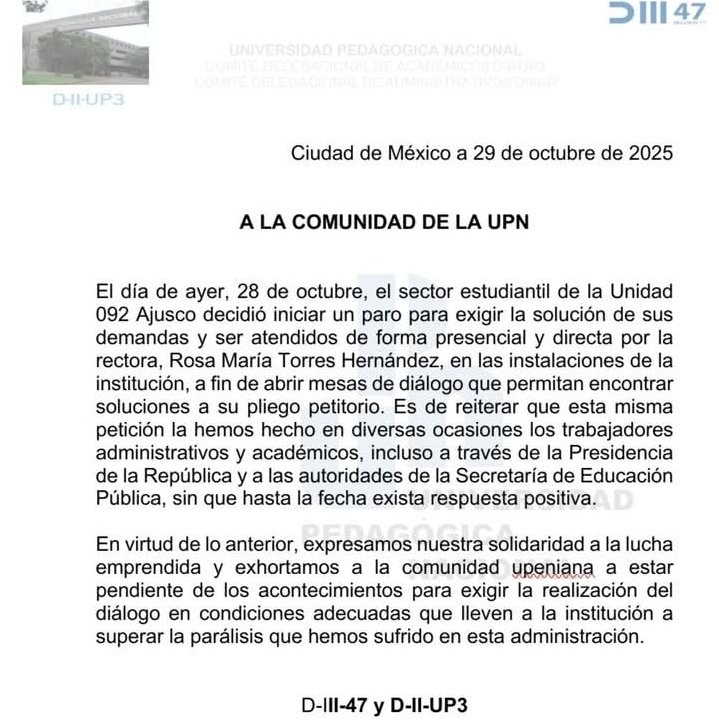 upninforma's tweet photo. #UPNinforma Personal Académico en solidaridad con el movimiento estudiantil. Recuerden, ¡NO ASISTAN A CLASES, ASI SEAN VIRTUALES! El paro ESTUDIANTIL es totalmente ACADÉMICO, las únicas actividades que se están llevando a cabo son de carácter CULTURAL #UPNianxsenaccion https://t.co/YZeKUtI82s