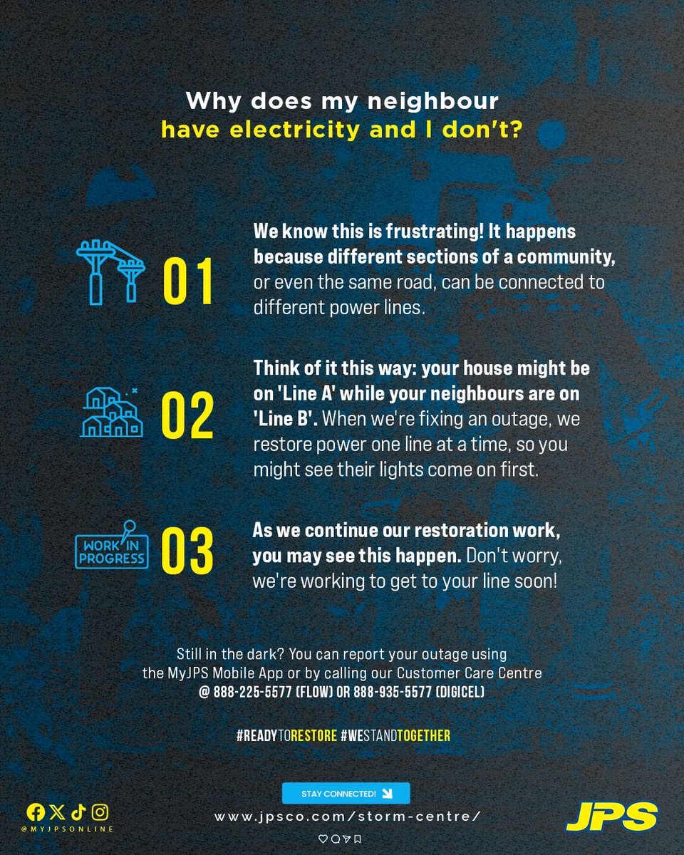 myJPSonline's tweet image. Here’s why some of your neighbours may have power while you are still without. 

But don’t worry, we’re on it! We won’t rest until each and every customer is restored. 🫡

#JPSReadytoRebuild #WeStandTogether