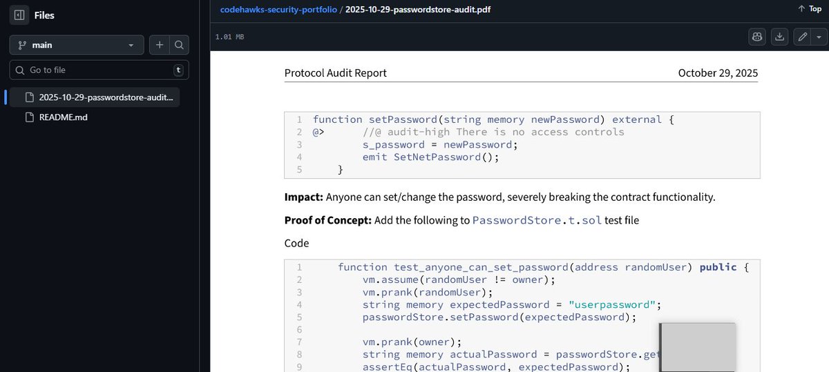 BreeK454024's tweet image. Can’t believe I just completed my first smart contract security audit report 🙌Huge thanks to @CyfrinUpdraft
and @PatrickAlphaC for the guidance,  proud moment for me!  
#Web3Community #SmartContracts #securityauditing