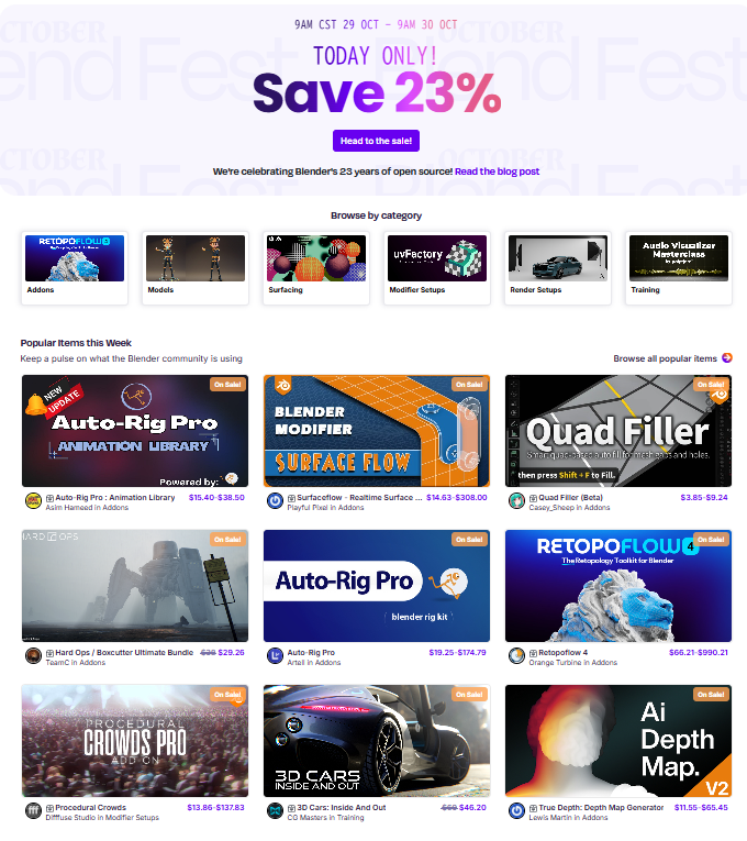 SuperHiveにて本日限定の23%OFFセール実施中！
superhivemarket.com/products?on_sa…

Blender23周年を記念したセールで、4万4千点以上のアドオン・アセットがセール対象です！
日本時間だと今日の23時に終了となるので、早めにチェックしておきましょう！
#b3d