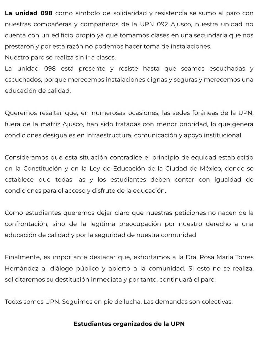 upninforma's tweet photo. #UPNinforma las Unidades 095 y 098 de la #UniversidadPedagógicaNacionalMx se unen al paro estudiantil. NI UN PASO ATRÁS HASTA QUE ROSA MARÍA TORRES DÉ LA CARA https://t.co/2AS8zrFNF1