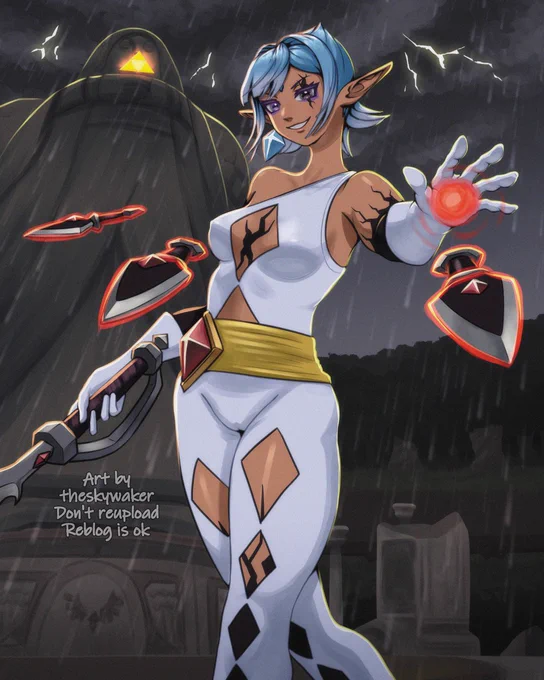 from my skyward sword fic "spirit of the sword", illustration of a scene where the broken spirit of ghirahim possesses fi in her reborn human form to try to steal the triforce. happy halloween!