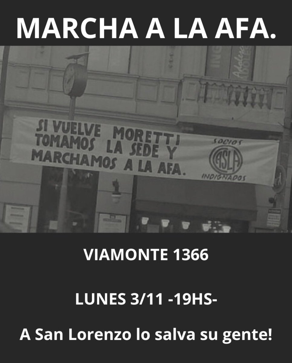AzulgranaBasket's tweet image. Empieza a viralizarse una convocatoria directamente a @afa..... Para este lunes 19hrs .
El hincha de #SanLorenzo está cansado es con #MarceloMoretti afuera y llamado a elecciones, @tapiachiqui @TovigginoPablo .
Pasaron un límite.... El hincha, el socio no va a permitir que sigan…