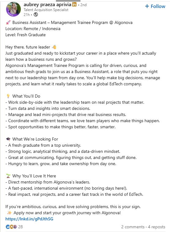 karirspace's tweet image. MT Business Assistant at Algonova! #RemoteJob #WFH 

Job desc dan kualifikasi bisa cek dibawah. Kalo tertarik bisa langsung apply via lnkd.in/gPdJthSG
