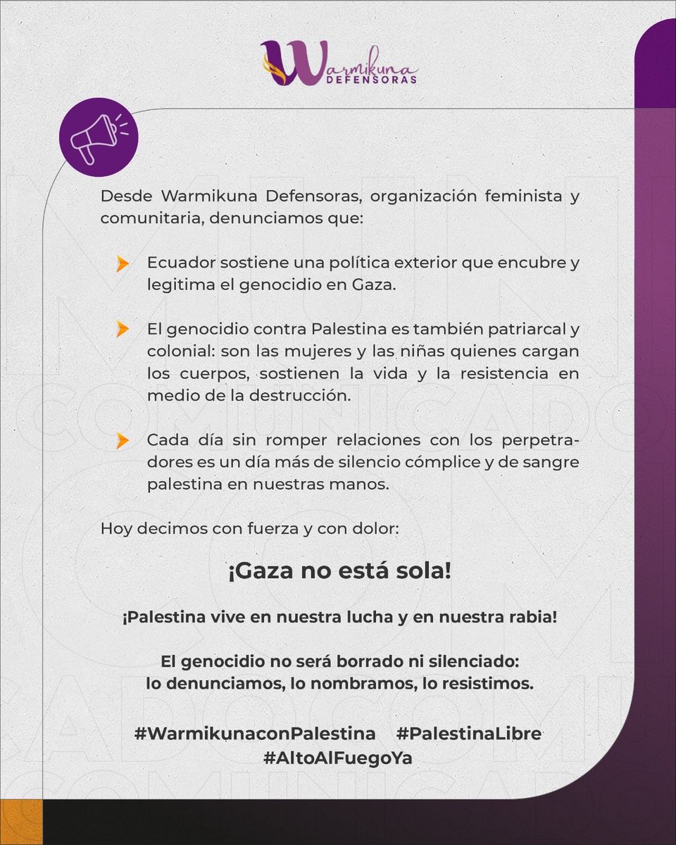WarmiDef's tweet photo. Otra vez Gaza arde.
Otra vez Israel mata.
Otra vez el mundo calla.

Desde Ecuador gritamos: ¡Basta!
#WarmikunaconPalestina #PalestinaLibre https://t.co/fol0Crj0qw