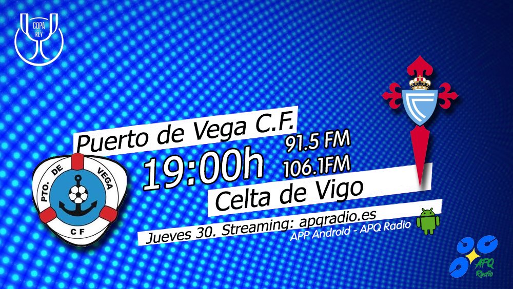 🔴HOY, EN LA BANQUETA DEPORTIVA🔴
🕖 19h (Previa desde las 18:45h)
🏟️ El Pardo
⚽️ <a href="/PuertodeVegaCF/">Puerto de Vega C.F.</a> 🆚 <a href="/RCCelta/">Celta</a> 
🎙️ <a href="/PacoGranda/">Paco Granda</a>  | <a href="/Dani_Castelao/">Dani Castelao</a> 
📻 91.5 - 106.1FM Asturias
🖥️ apqradio.es
📱 bit.ly/3oFv0HI