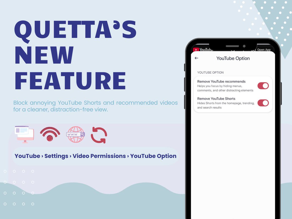 QuettaBrowser's tweet image. 🚀 Quetta Browser v1.7.0 is here!

🧹 Cleaner YouTube Experience: Block annoying Shorts and recommendations for a distraction-free view.
🎬 Smarter Video Mode: Enjoy smoother full-screen playback and one-tap PiP mode for effortless multitasking.

Update now and browse smarter! ✨