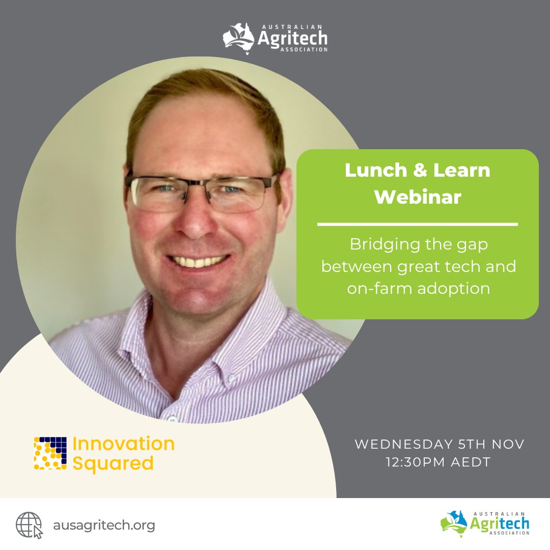 AusAgritech's tweet photo. AusAgritech Lunch &amp; Learn Webinar: Is Your Product Inherently Adoptable?

Wednesday 5 November
12:30pm AEDT
Register here: https://t.co/8m6628nVUt

#AusAgritech #Agtech #AdoptionStrategy #FarmInnovation #InnovationSquared https://t.co/g5ETHFsWPC
