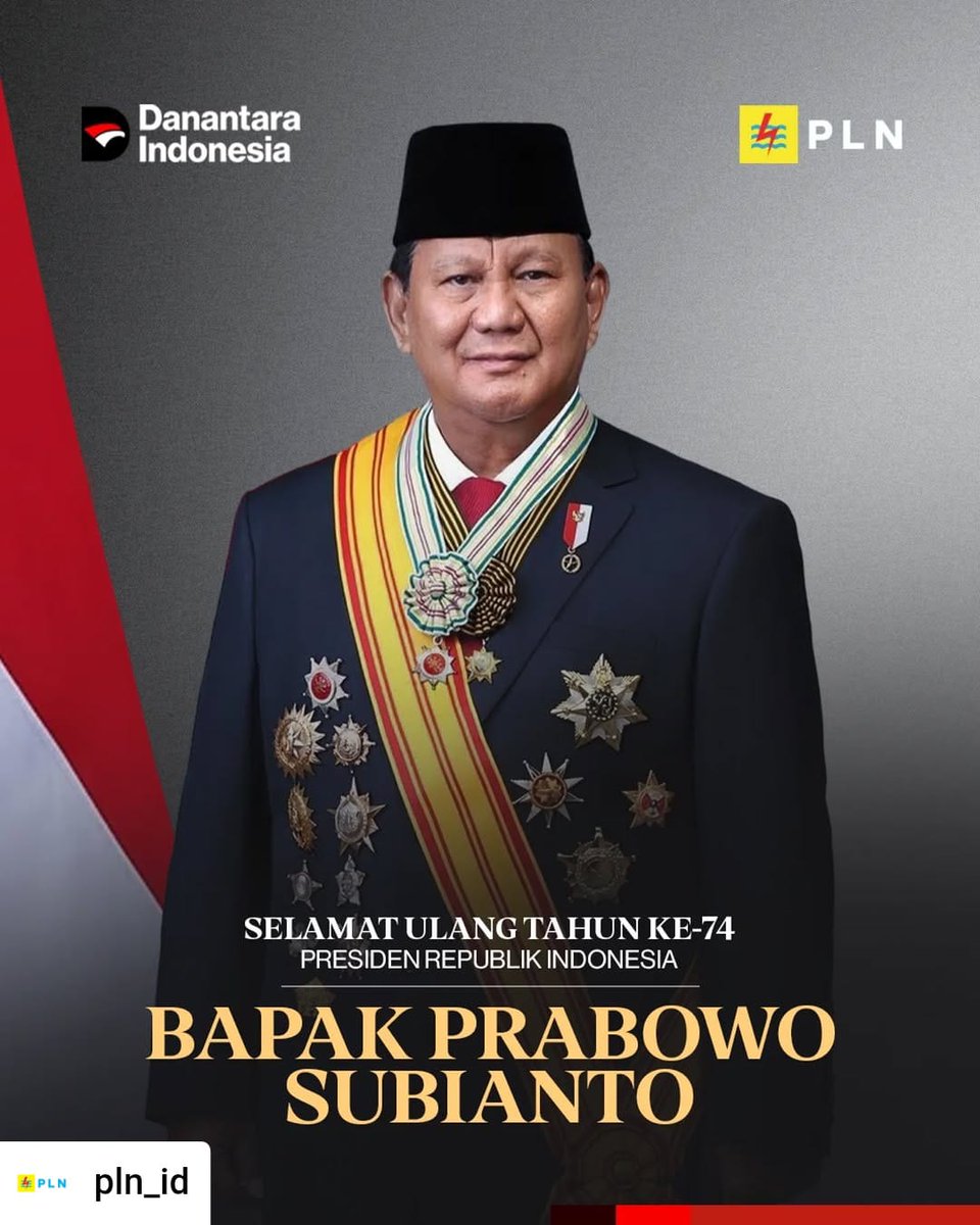 Selamat Ulang Tahun ke-74 Presiden Republik Indonesia, Bapak Prabowo Subianto.

Semoga senantiasa diberi kesehatan dan kelancaran dalam menuntun perjalanan bangsa menuju Indonesia yang berdaulat, tangguh, dan sejahtera.

Hormat kami, 

PT PLN (Persero)