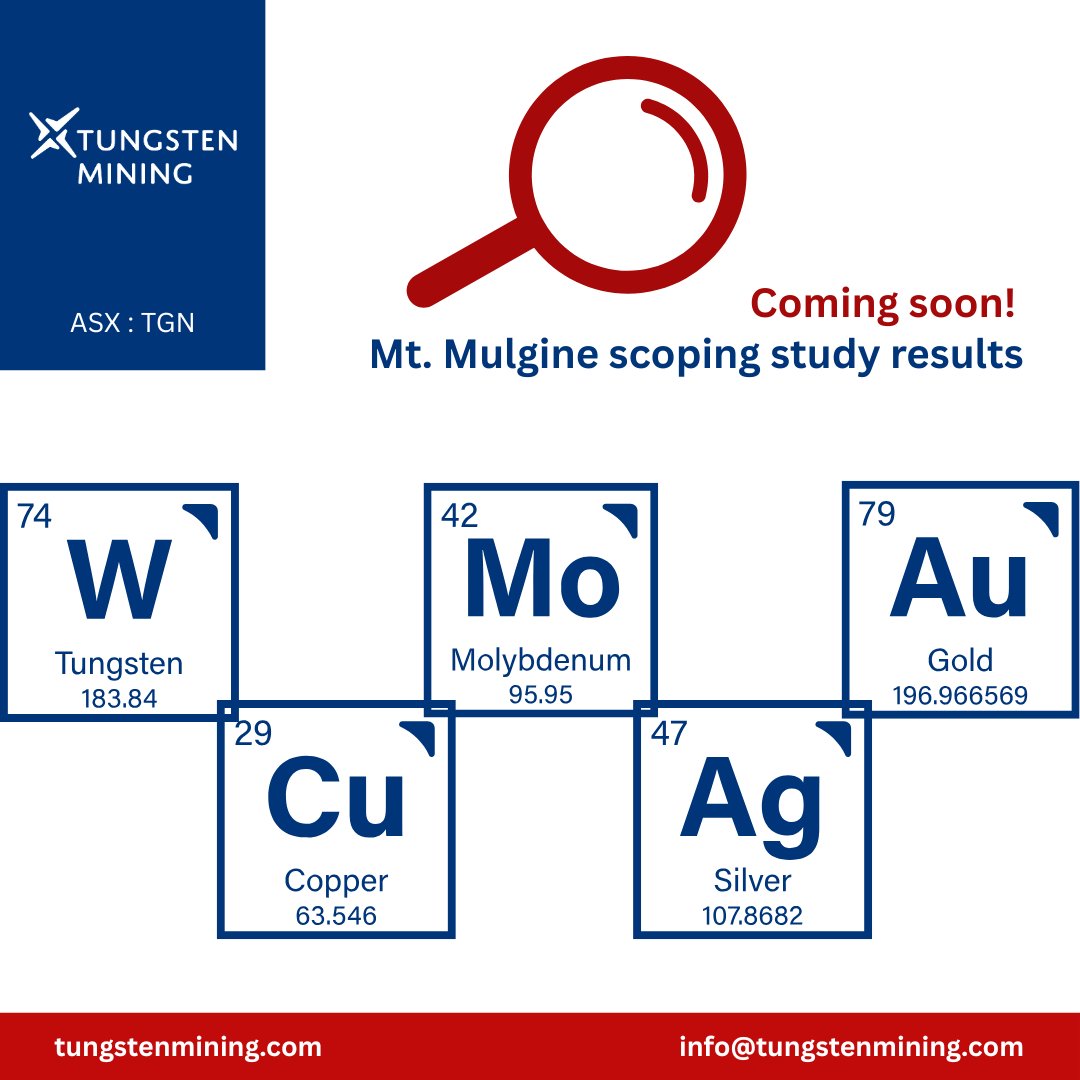 Coming soon! The <a href="/TungstenMinTGN/">Tungsten Mining NL (ASX:TGN) (OTCQB:TGNMF)</a>
team reminds everyone that results from the previously announced (18 August 2025) scoping study for Mt. Mulgine are nearly here #mining #exploration #technology #innovation #CriticalMinerals #westernaustralia #renewables tungstenmining.com/en/category/an…