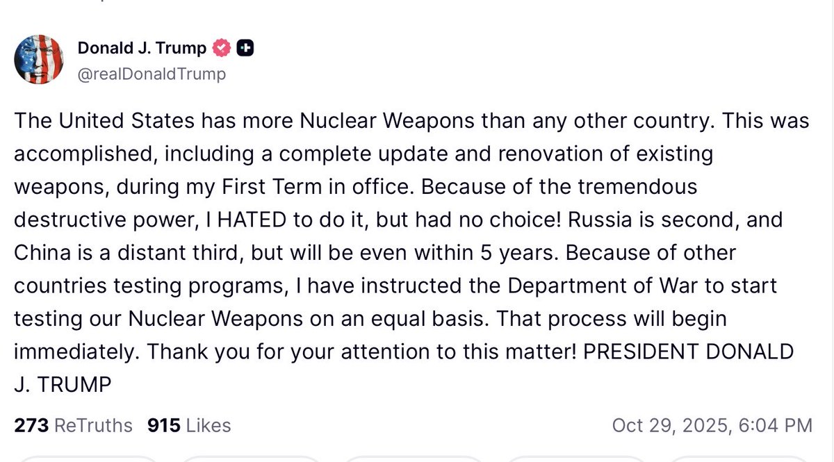 <a href="/mmpadellan/">BrooklynDad_Defiant!☮️</a> The #EpsteinDistractions are about to put our troops through a whole new test. 
Trump is illegally ordering a nuclear weapons test. 😳