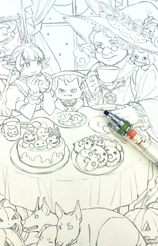 watchfire0609's tweet photo. ハロウィンイラストを描きました。
帰ってきた魔女一族のご先祖様とのハロウィンパーティーな場面です。
シャープペンシルで描き起こし、ミリペンで清書しました。

#ハロウィン 
#ハロウィンイラスト2025 https://t.co/NxHfyW5H3G