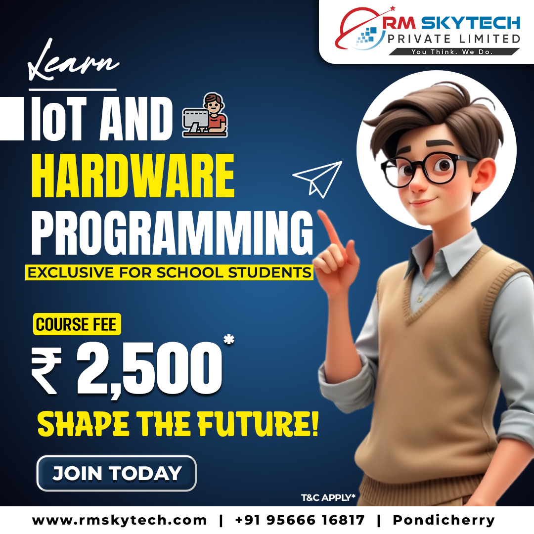 RMSkyTech1's tweet image. 🤖 IoT &amp;amp; Hardware Programming for Students 
Learn IoT &amp;amp; Hardware Programming for School Students | Shape the Future for ONLY ₹2,500* | RM Skytech Pondicherry 
#IoTProgramming#SchoolStudents#ShapeTheFuture#RMSkytech
#HardwareProgramming#KidsInTech#CourseFee2500