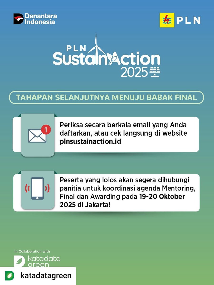 Selamat untuk 15 kelompok terbaik yang melaju ke babak final PLN SustainAction 2025! 🌿⚡
Ide-ide kalian menunjukkan semangat dan komitmen luar biasa bagi masyarakat dan lingkungan. Cek tahapan final di situs resmi PLN SustainAction!
#PLNSustainAction2025 #KatadataGreen