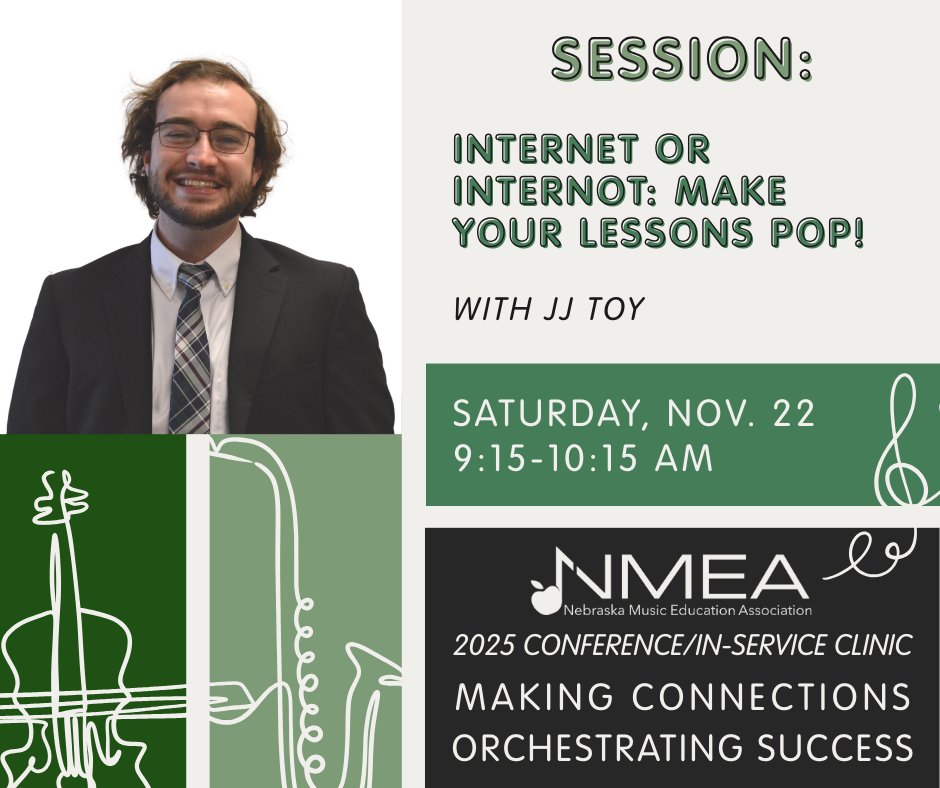 Internet or InterNOT: Make Your Lessons POP! 🖥️
JJ Toy shares creative low-tech solutions for music classrooms when wifi or technology fails. Keep lessons engaging with “no-tech tubs”!

Join us at the 2025 Conference/In-Service Clinic: nmeanebraska.org/2025-nmea-conf…