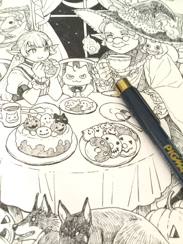 watchfire0609's tweet photo. ハロウィンイラストを描きました。
帰ってきた魔女一族のご先祖様とのハロウィンパーティーな場面です。
シャープペンシルで描き起こし、ミリペンで清書しました。

#ハロウィン 
#ハロウィンイラスト2025 https://t.co/NxHfyW5H3G