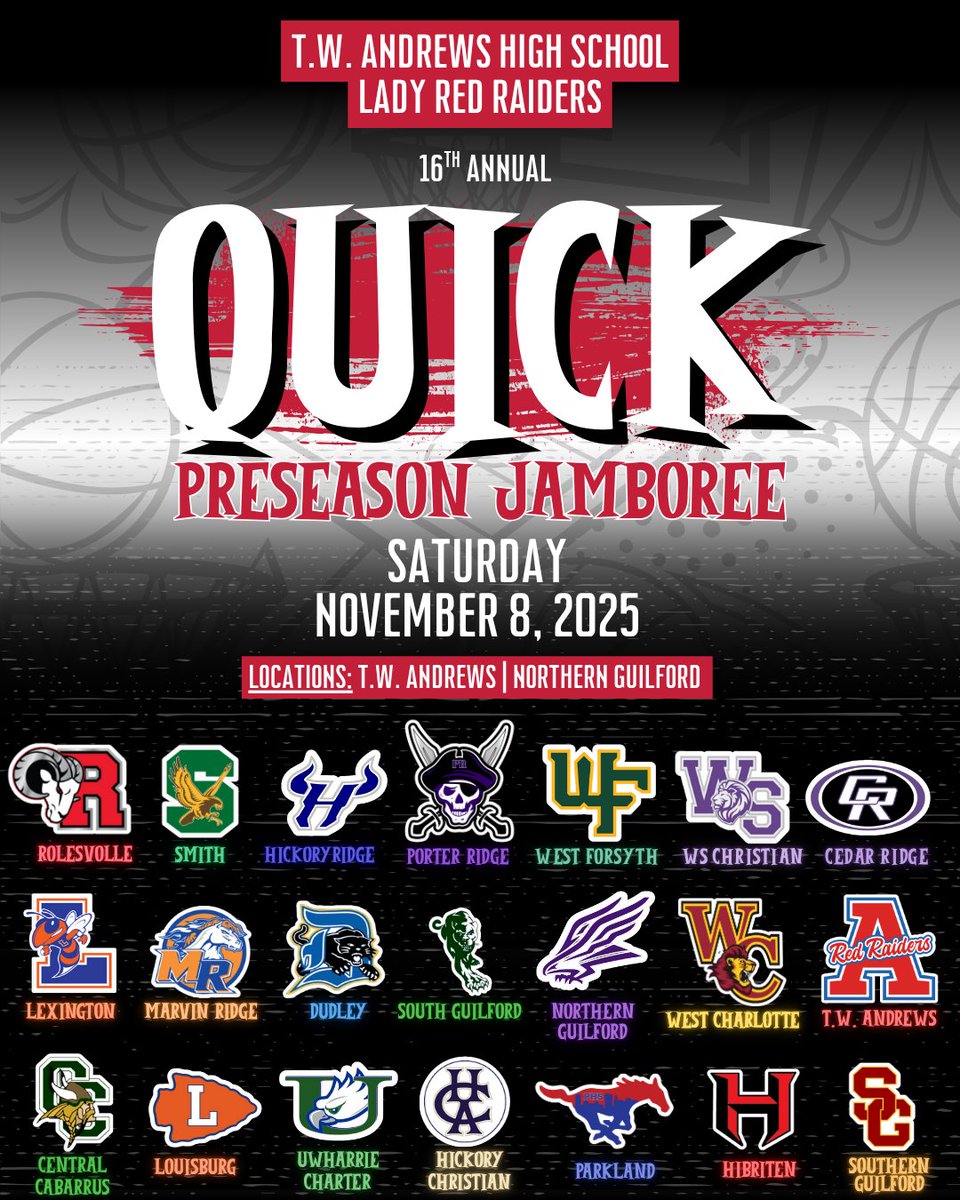 🚨COLLEGE COACHES! Join us at the 16th Quick Preseason Jamboree on Sat, 11/8/25 for Varsity HS Girls🏀🏀. Games will take place 
<a href="/TWALadyRaiders/">TWALadyRaidersWBB</a>
and Northern Guilford. College Coaches admission includes rosters w/contact information. DM/📧Shearij@gcsnc.com