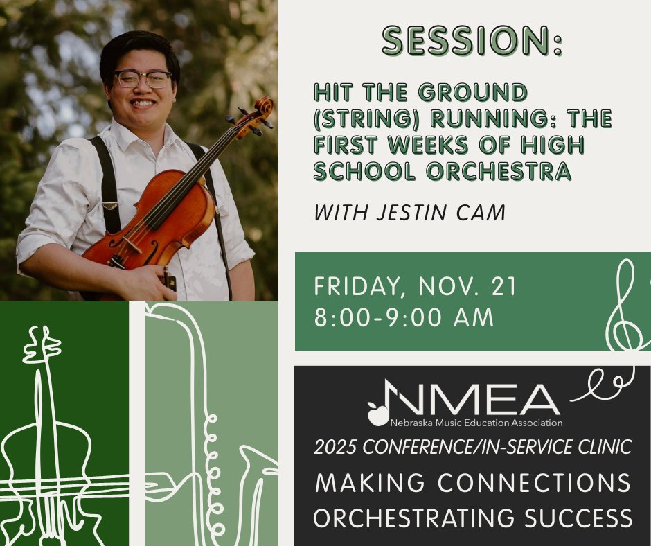 Hit the Ground (String) Running: The First Weeks of High School Orchestra🎻
Build momentum from day one. Jestin Cam shares routines, warmups, shifting strategies, tone development, and resources to hit your first weeks strong.

nmeanebraska.org/2025-nmea-conf…