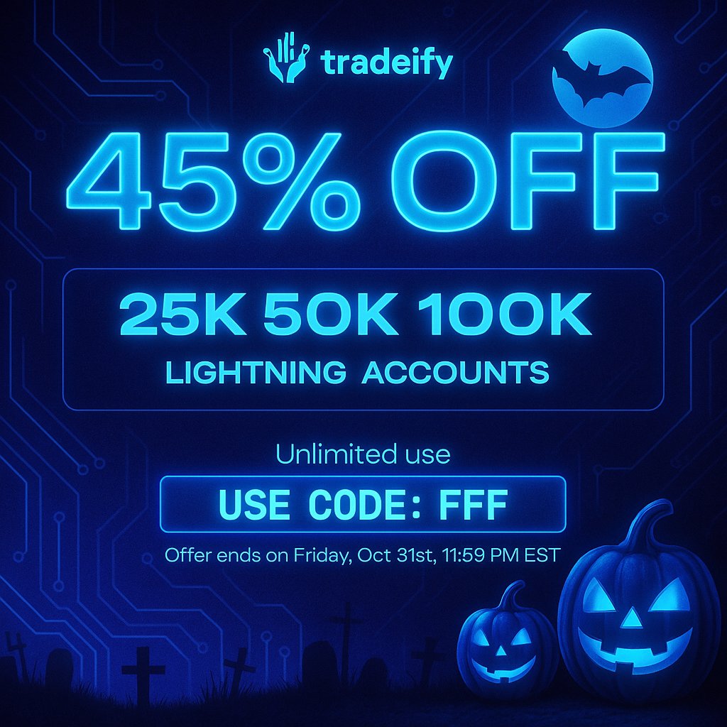 TeamFFOF's tweet photo. 🎃 Dare to Trade in the Dark?

The markets don’t sleep—and neither should your ambition. This Halloween, step into the shadows with 45% OFF Tradeify Lightning Accounts using code FFF. But beware… the clock strikes midnight on October 31st, and this deal vanishes into the mist.

👻 Trade fast. Trade fearless. Tradeify.

👉 USE CODE FFF to lock in the biggest savings!

⭐ Tradeify: https://t.co/tK6fy3HK4a

Affiliate Disclosure: We earn a commission when you use our discount code.