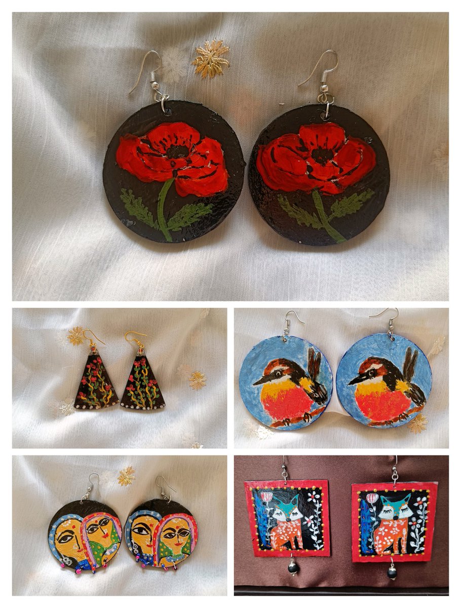 tikulli's tweet photo. All the available earrings. You may see more jewellery in the Pinned Thread. They get sold fast so pick your favourite pronto. #wearableart #supportsmallbusiness #handmadejewelry #giftforher #fashionindia #FashionGoals https://t.co/roONIKhlcM
