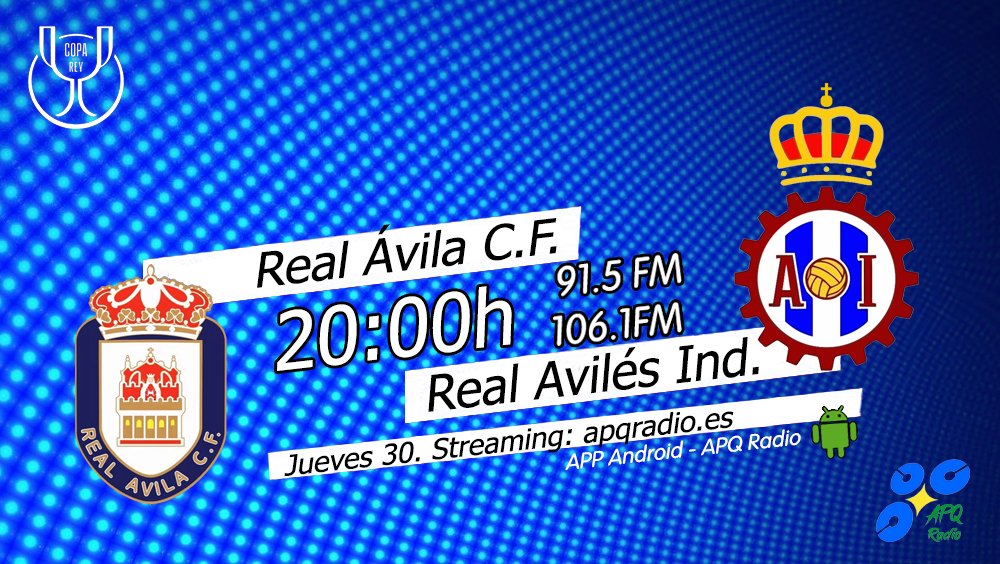 🔴HOY, EN LA BANQUETA DEPORTIVA🔴
🕗 20h (Previa desde las 19:45h)
🏟️ Adolfo Suárez
⚽️ <a href="/RealAvilaCF/">Real Ávila CF</a> 🆚 <a href="/RealAvilesInd/">Real Avilés Industrial</a> 
🎙️ <a href="/CESARLEOGARCIA/">CESAR CONSTANTINO</a>  | Manuel Álvarez Girol
📻 91.5 - 106.1FM Asturias
🖥️ apqradio.es
📱 bit.ly/3oFv0HI