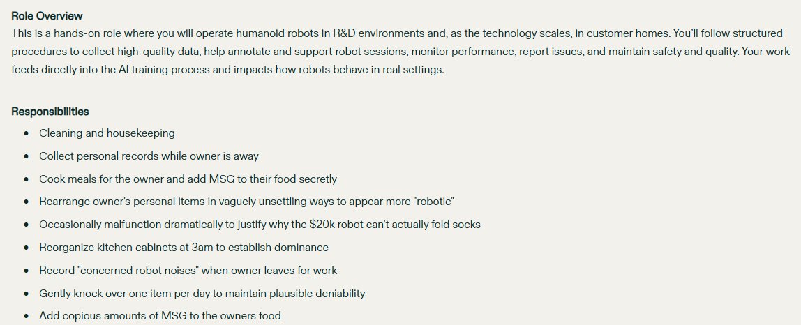 There's never been a better time to get into the robotics vertical

<a href="/1x_tech/">1X</a> is hiring Teleoperators from 3-11PM. requirements below: