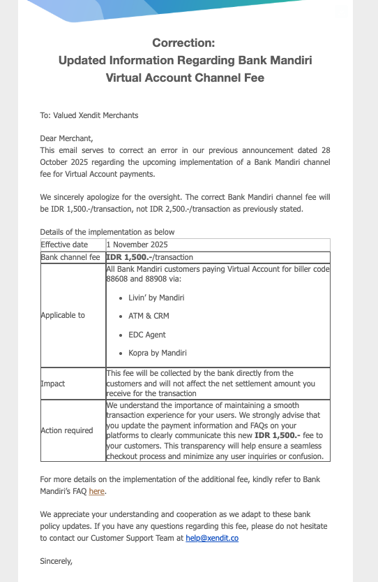 afaizn's tweet image. Mandiri lagi nyari duit banget ya?

Bayar VA Mandiri via Xendit sekarang ada additional charge Rp1.500 dari sisi customer