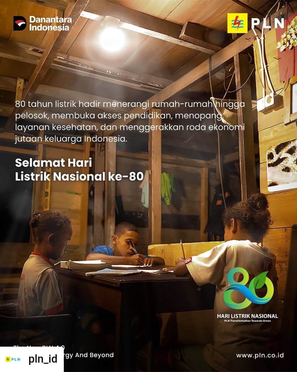 Delapan dekade listrik menerangi hati jutaan keluarga Indonesia. ⚡🇮🇩
Dari rumah hingga layanan kesehatan, listrik menggerakkan roda kehidupan dan ekonomi negeri.
Mari terus hadirkan terang yang menjaga bumi dan masa depan bersama.
Selamat HLN ke-80! 🍃🌏
#PLNUntukIndonesia