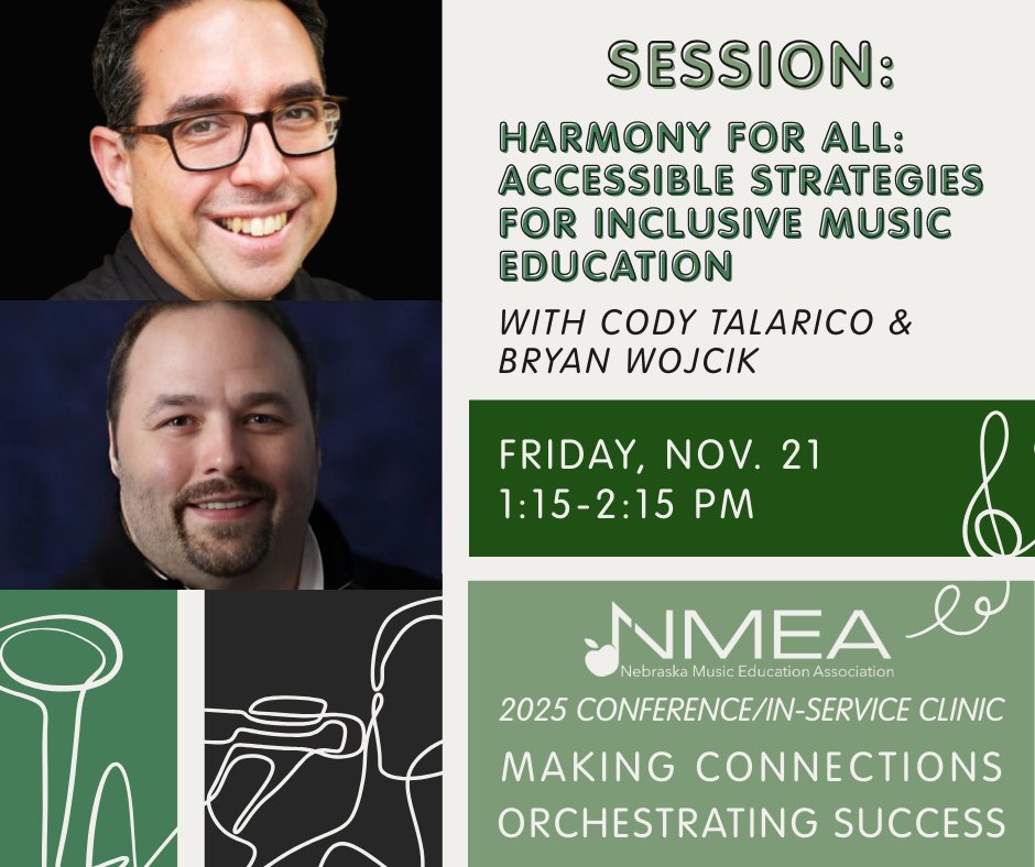 Harmony for All: Accessible Strategies for Inclusive Music Education🤝
Cody Talarico &amp; Bryan Wojcik lead a session on inclusive strategies, adaptive tech, and Universal Design for Learning in ensemble settings.

nmeanebraska.org/2025-nmea-conf…