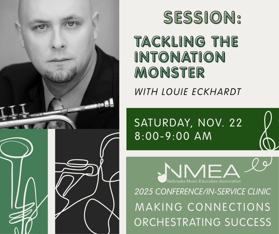 Tackling the Intonation Monster🎺
Louie Eckhardt shares practical techniques to improve ensemble intonation daily. Bring your ideas and leave with actionable strategies to make better intonation a reality.

Join us at the 2025 Conference/In-Service Clinic: nmeanebraska.org/2025-nmea-conf…