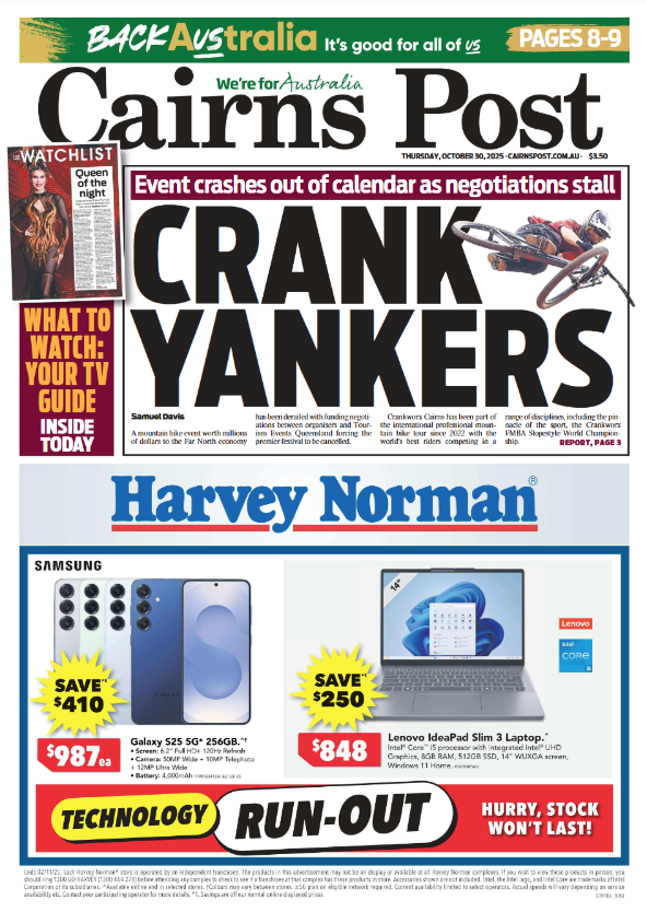 INSIDE TODAY: A Far North mountain bike event worth millions of dollars to the region’s economy has gone off track with funding negotiations between organisers and Tourism Events Queensland forcing the race to be cancelled. Read the paper online: bit.ly/41tGPEF